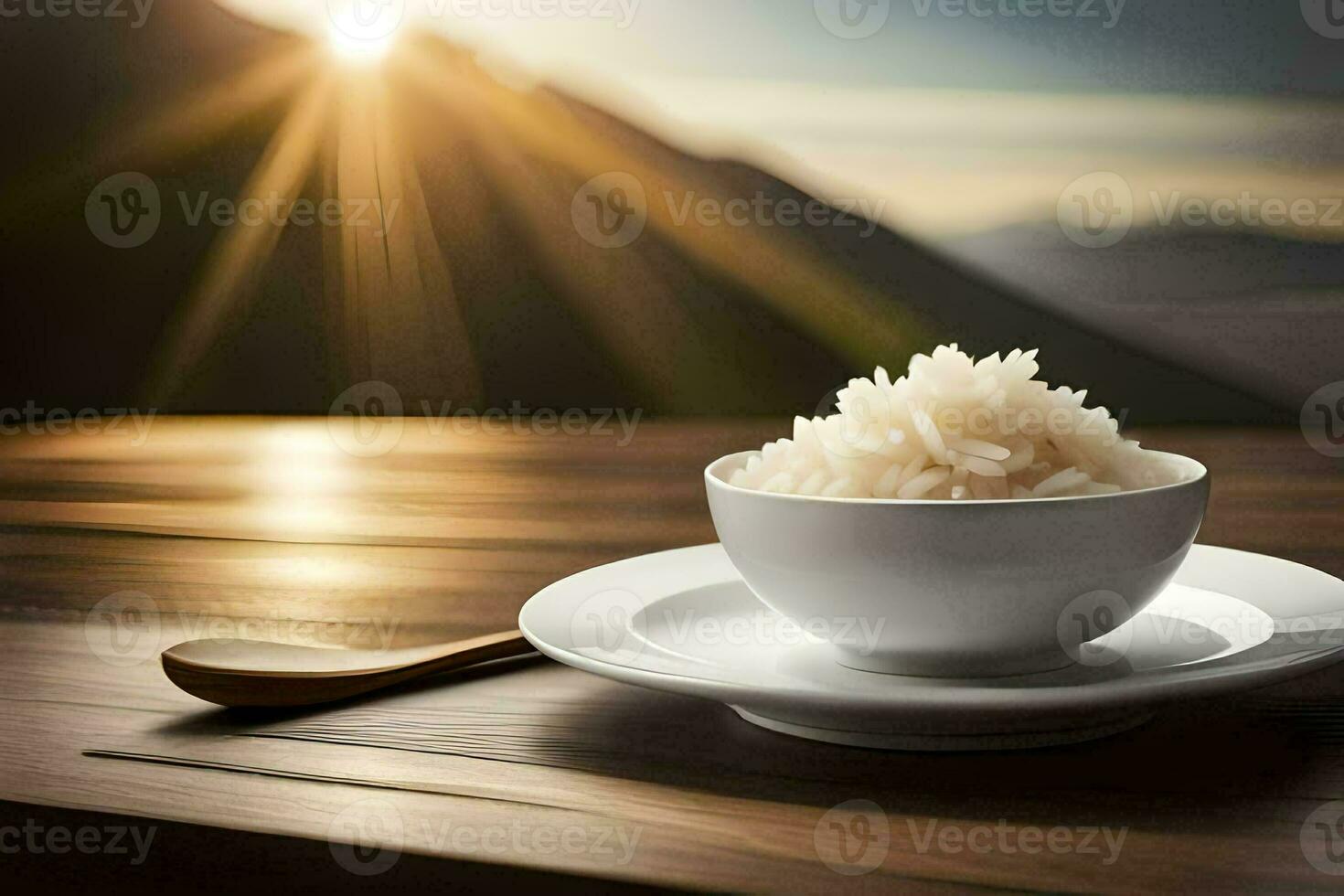 rice in a bowl on a table. AI-Generated photo