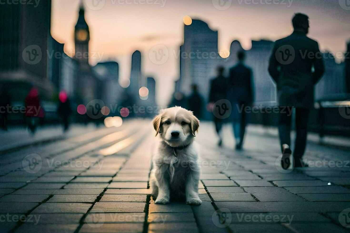 a dog sitting on the sidewalk in front of a city. AI-Generated photo