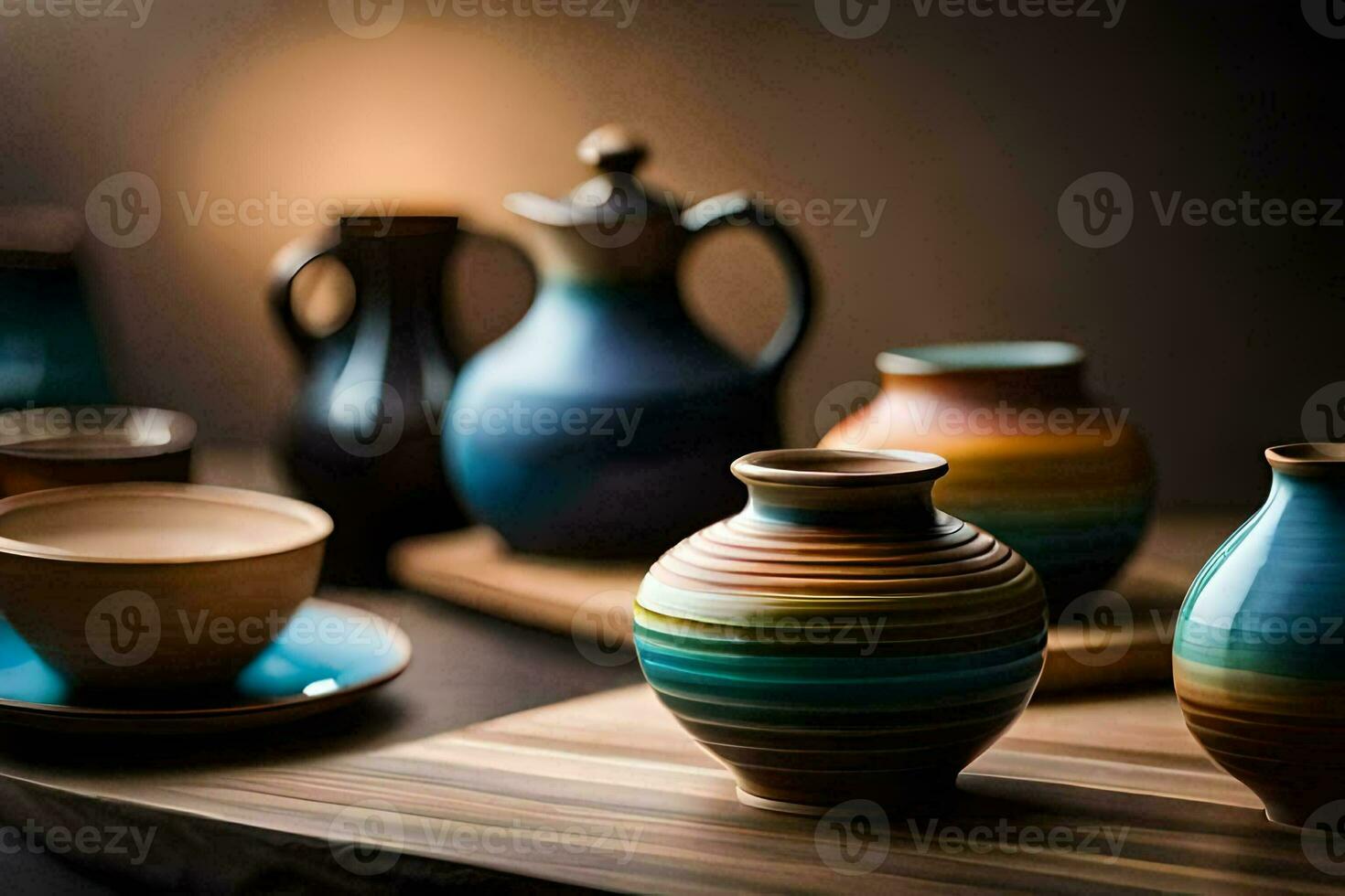 un grupo de vistoso floreros y tazas en un mesa. generado por ai foto