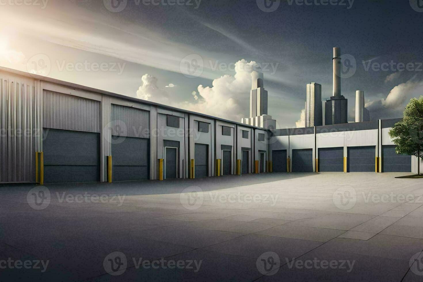 a large warehouse with two garage doors. AI-Generated photo