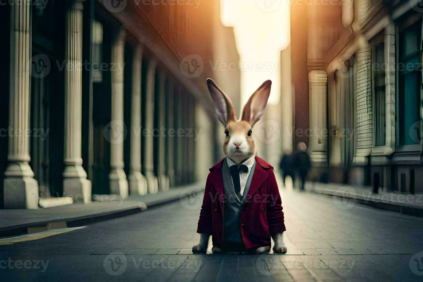 a rabbit wearing a suit and tie sits on the street. AI-Generated photo