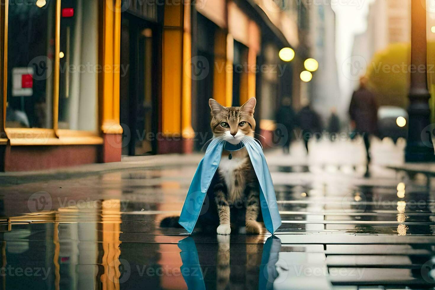 a cat wearing a blue cape on a rainy street. AI-Generated photo