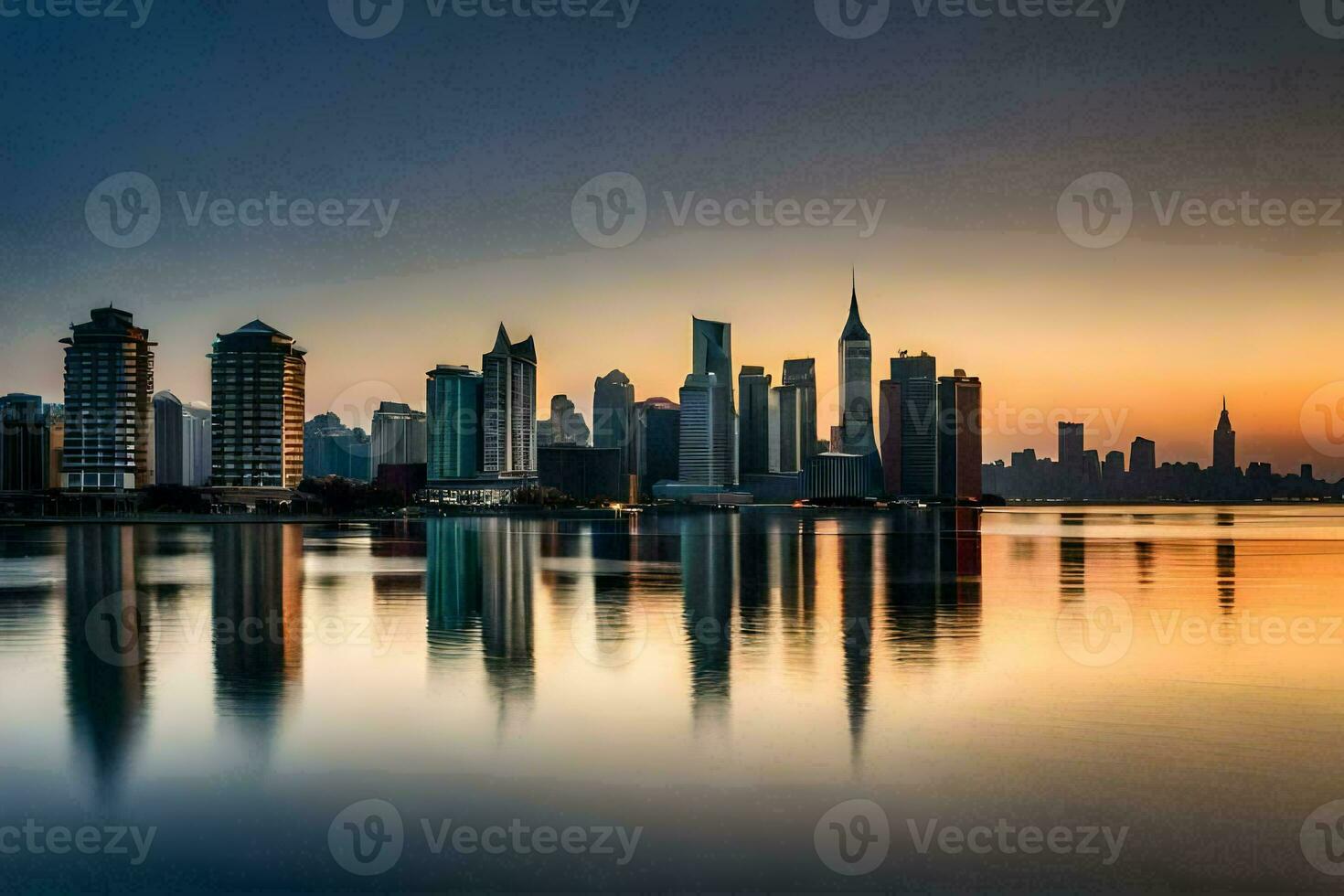 the city skyline is reflected in the water at sunset. AI-Generated photo