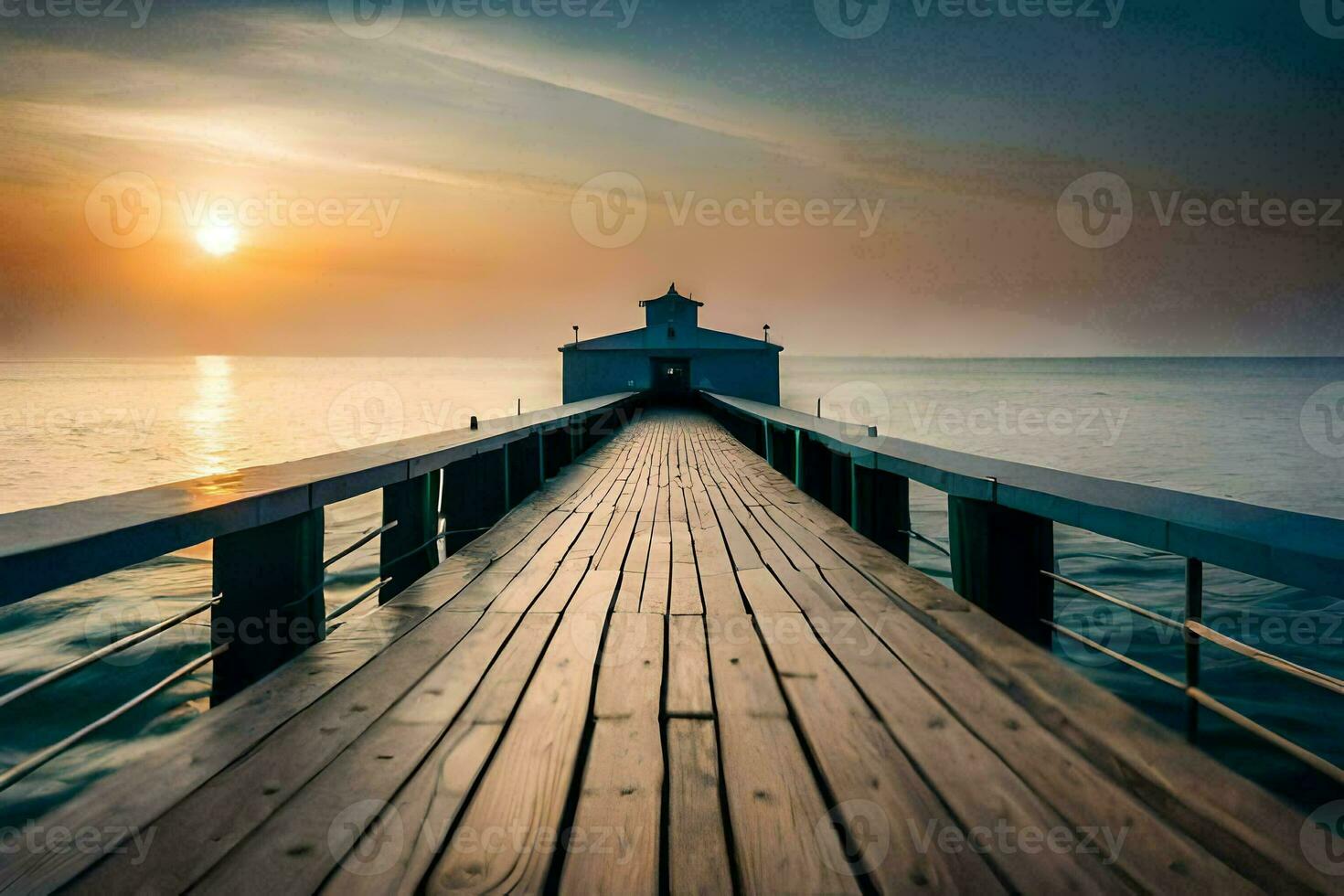 a pier with a lighthouse at sunset. AI-Generated photo