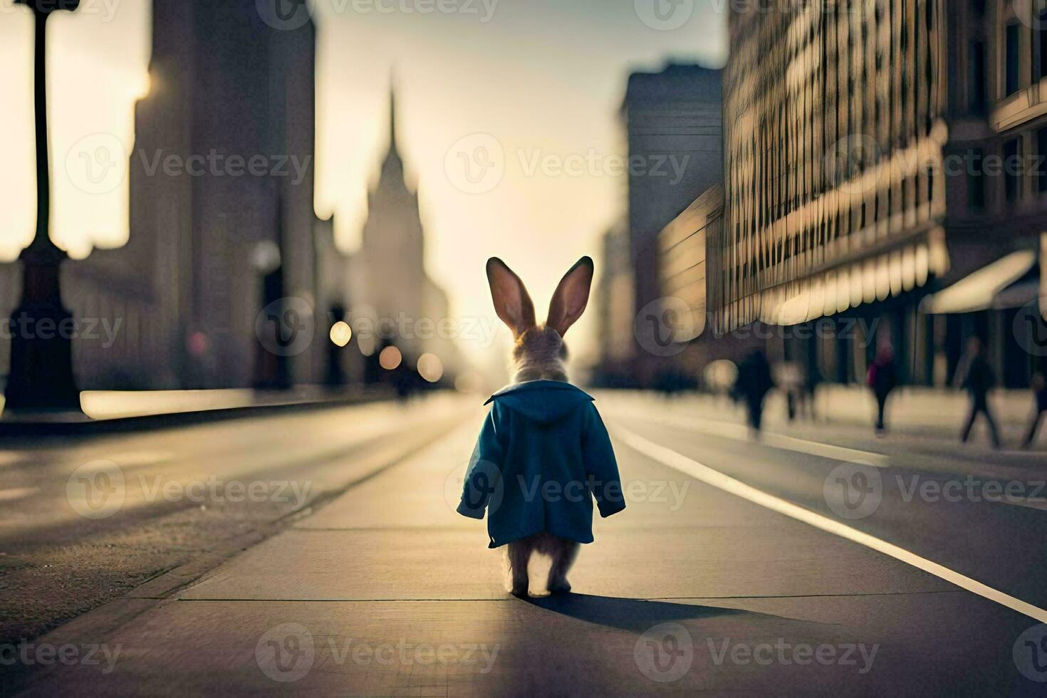a rabbit wearing a blue coat and standing on the street. AI-Generated photo
