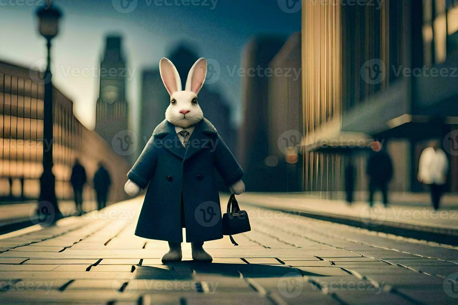 a rabbit in a suit and tie standing on a street. AI-Generated photo
