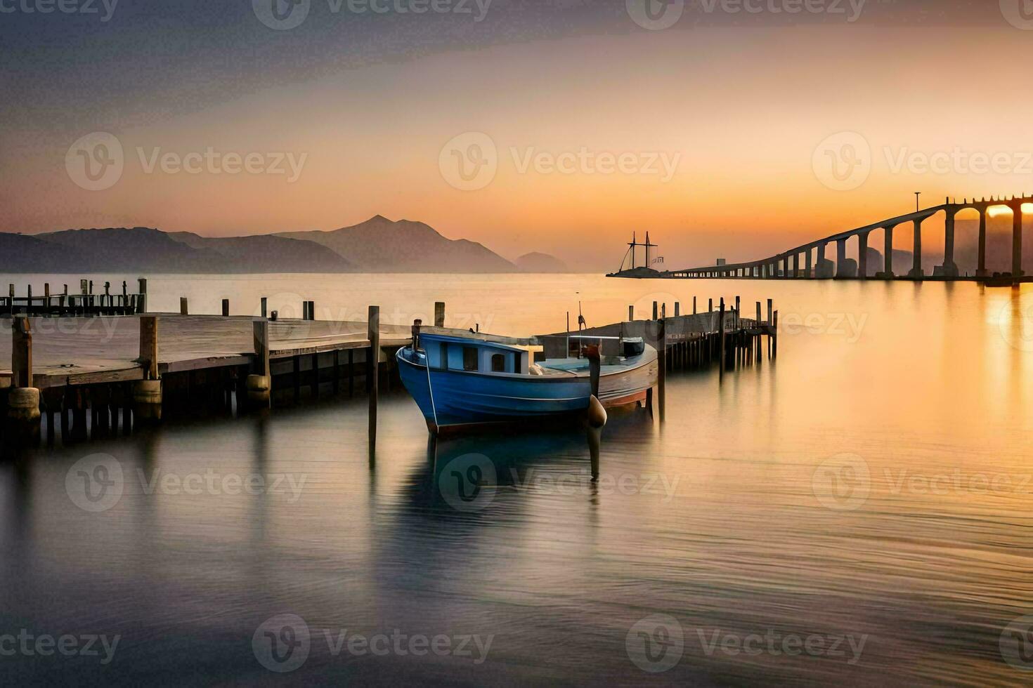 un barco se sienta en el muelle a puesta de sol. generado por ai foto