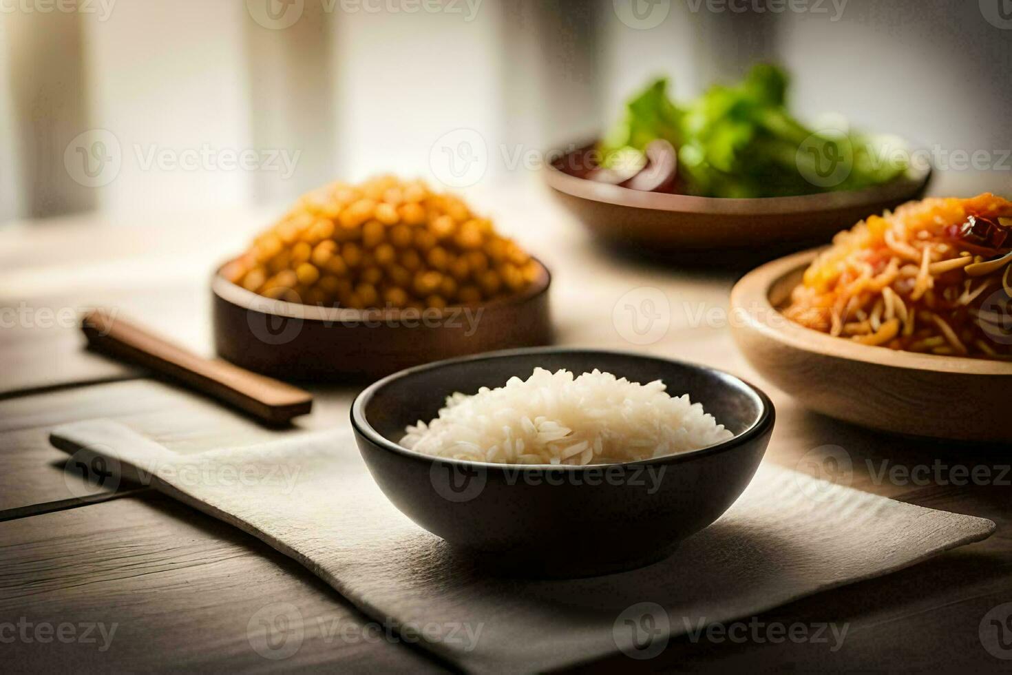 a table with bowls of rice, beans and other foods. AI-Generated photo