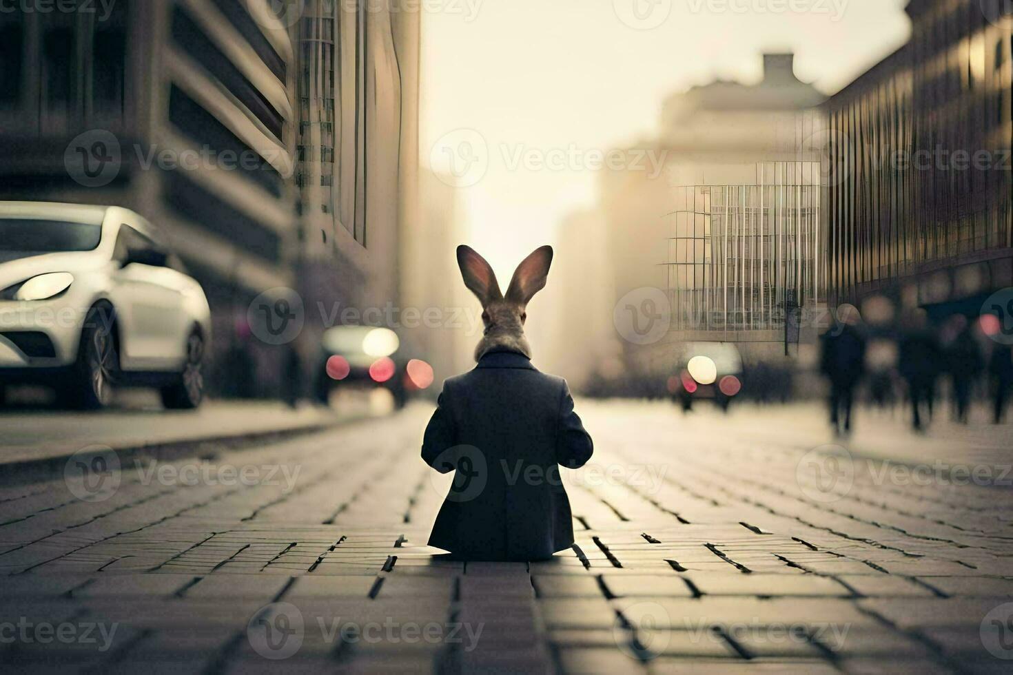 a rabbit in a suit sitting on the ground. AI-Generated photo