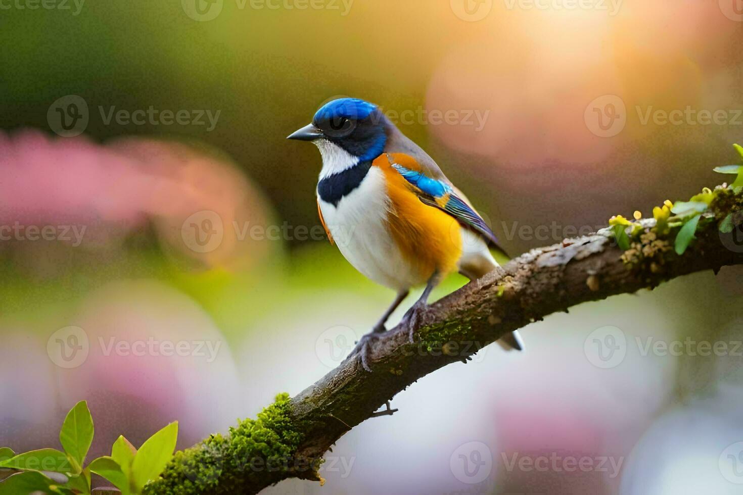 a blue and white bird is sitting on a branch. AI-Generated photo