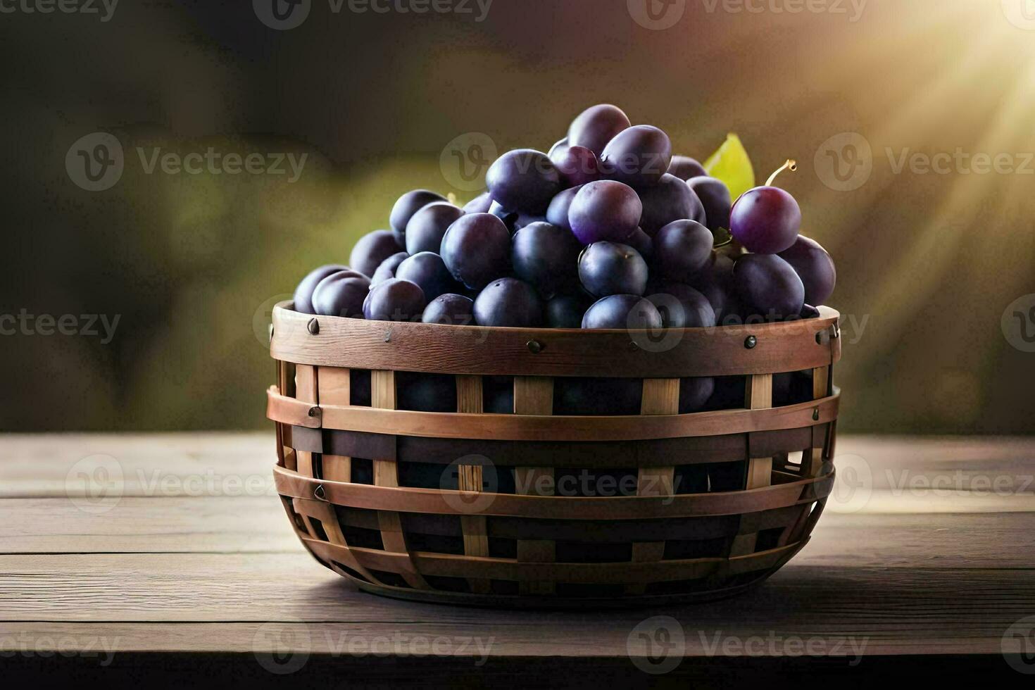 a basket full of grapes on a wooden table. AI-Generated photo