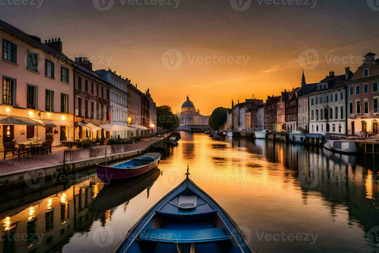a boat is docked in a canal at sunset. AI-Generated photo