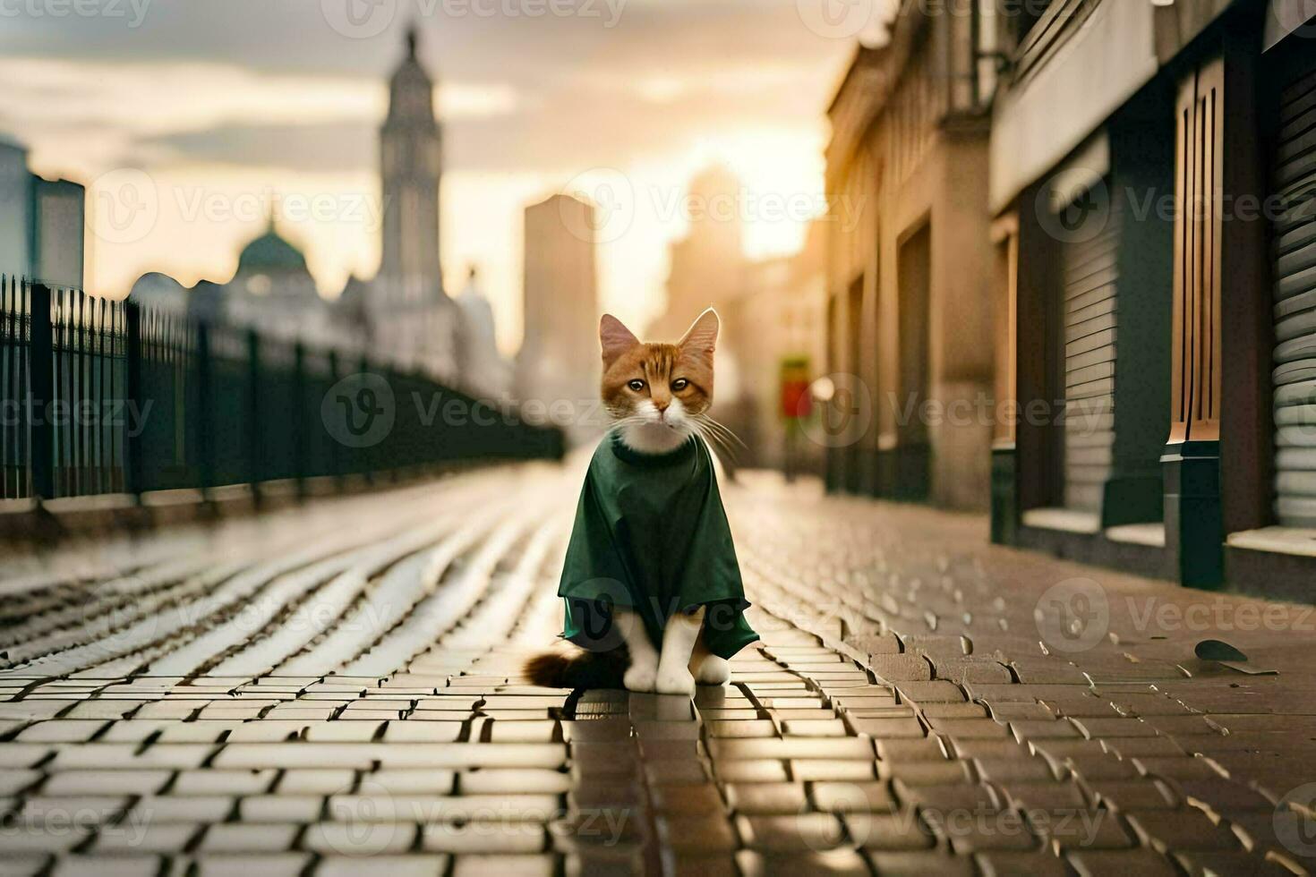 a cat in a green coat standing on a brick road. AI-Generated photo