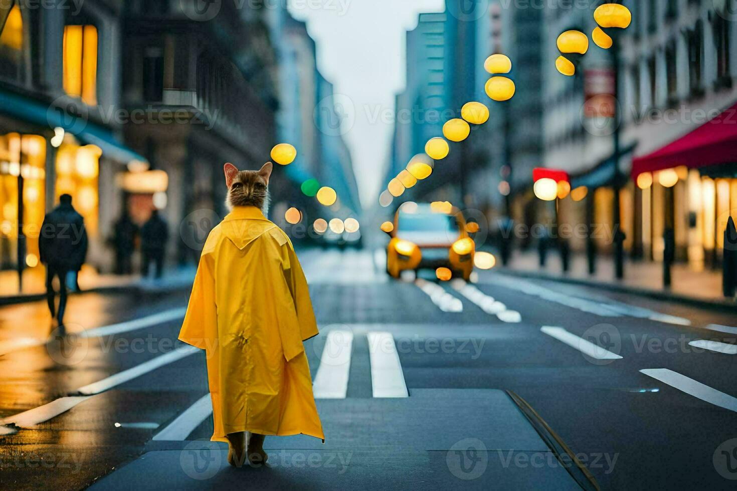 un persona en un amarillo impermeable caminando abajo un calle. generado por ai foto