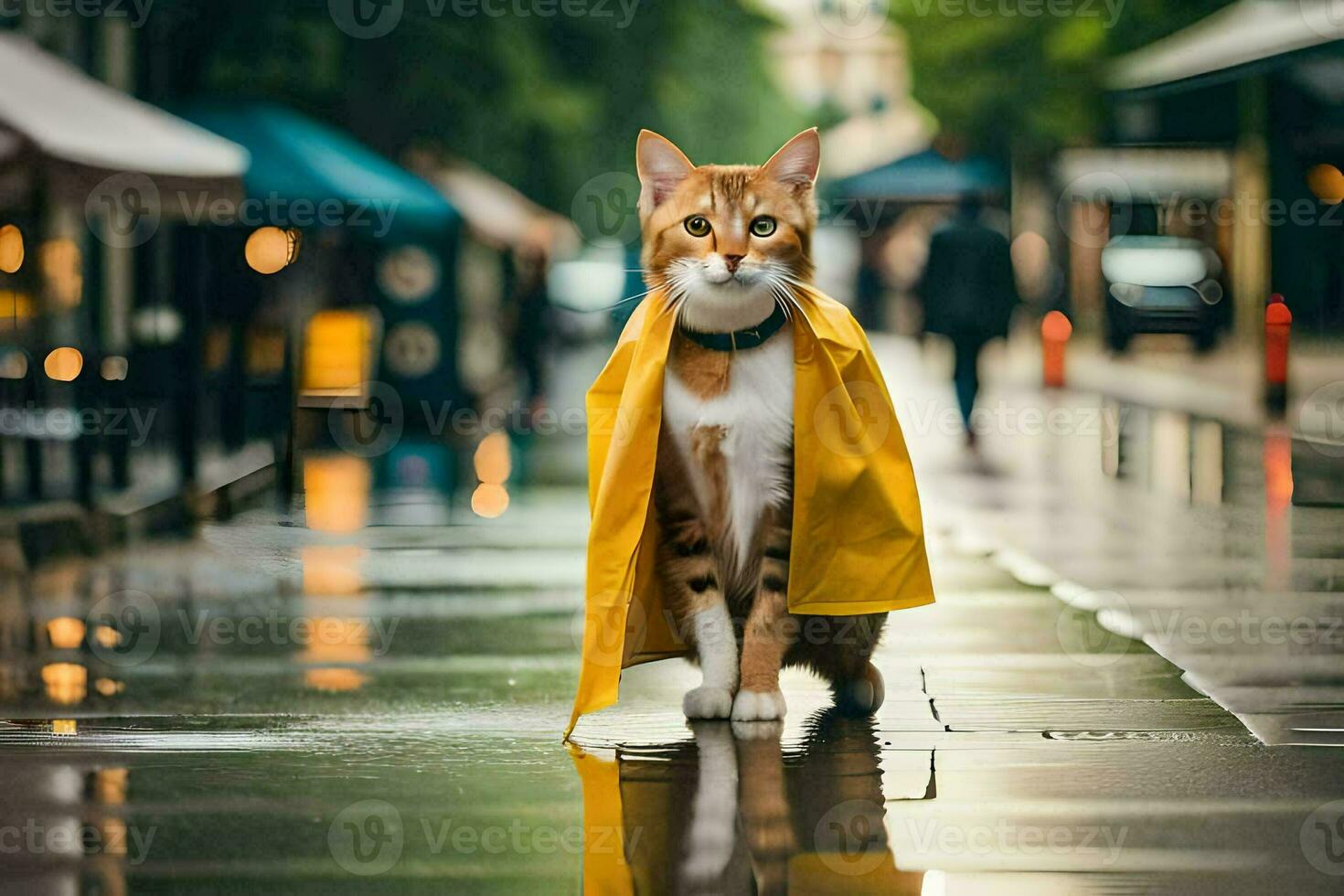 a cat wearing a yellow raincoat on a rainy street. AI-Generated photo