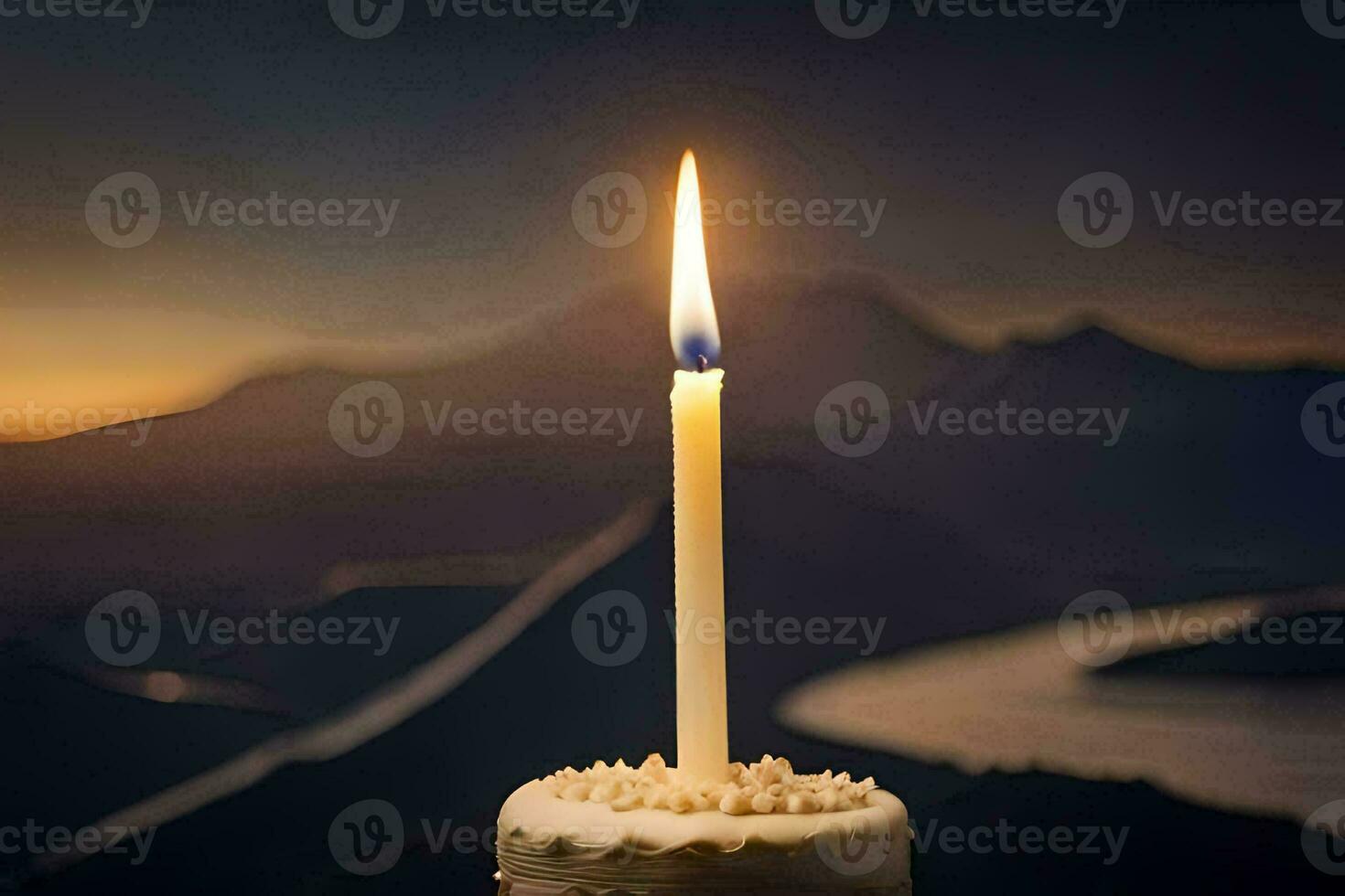 a single candle on a cake with a mountain in the background. AI-Generated photo