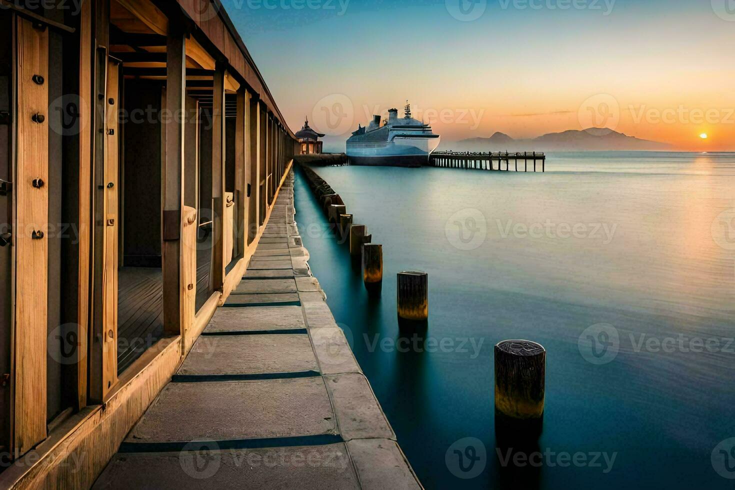 a cruise ship docked at the pier at sunset. AI-Generated photo