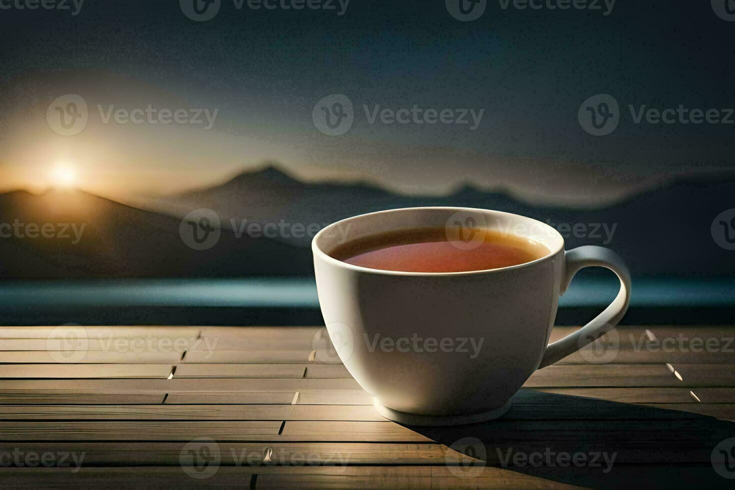 a cup of tea on a wooden table in front of a mountain view. AI-Generated photo