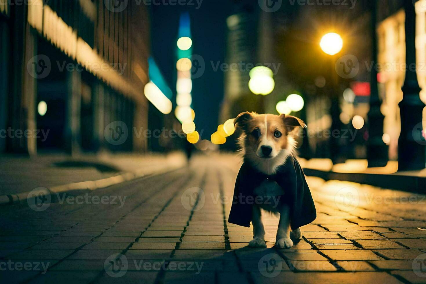 a dog in a suit standing on a street at night. AI-Generated photo