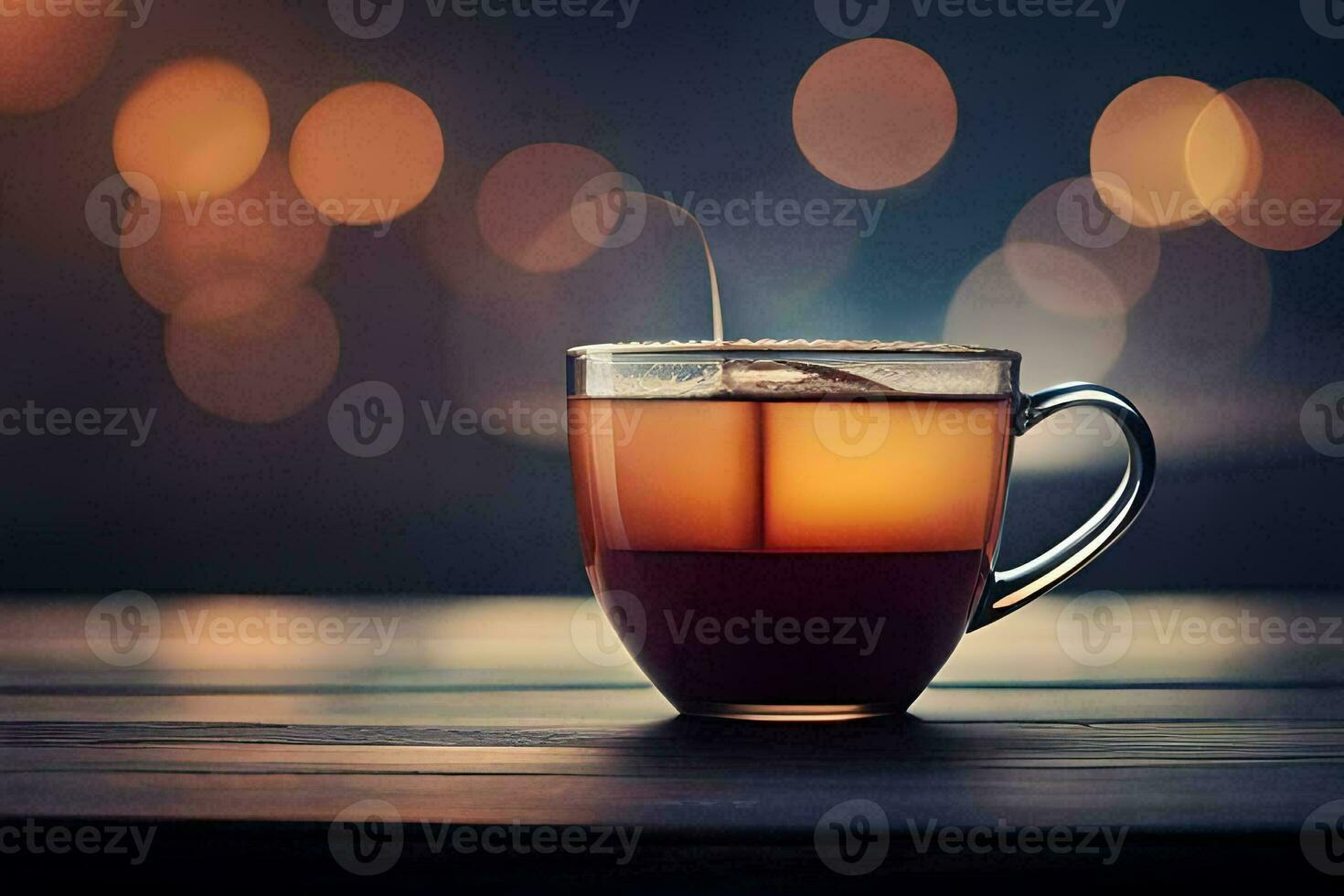 un taza de té en un de madera mesa. generado por ai foto