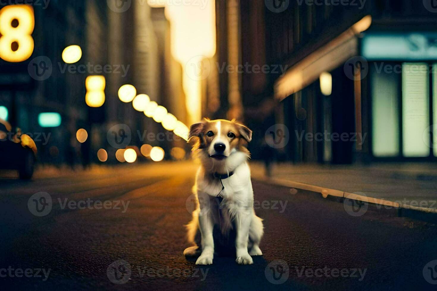 a dog sitting on the street in the middle of a city. AI-Generated photo