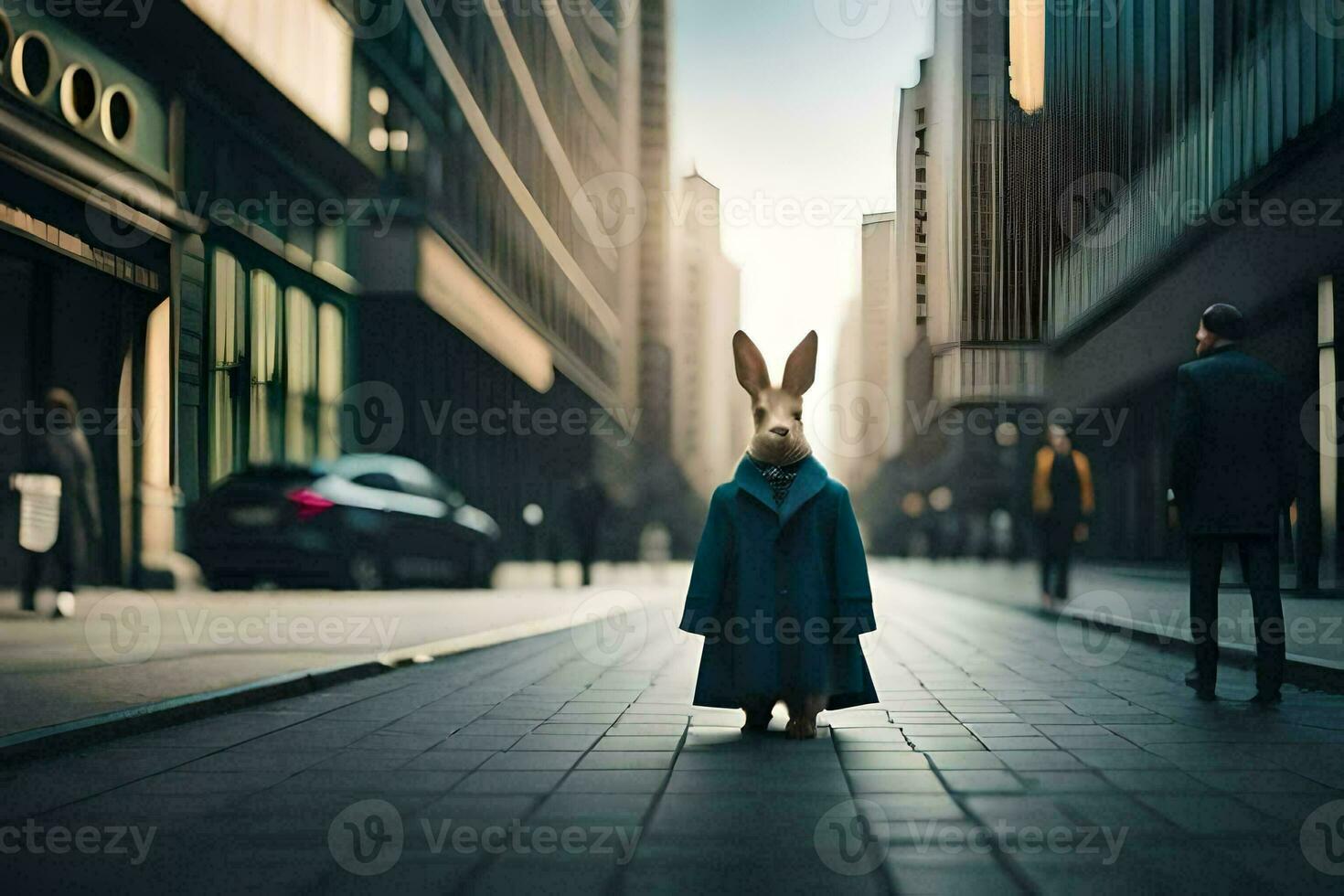 a rabbit in a blue coat stands in the middle of a city street. AI-Generated photo