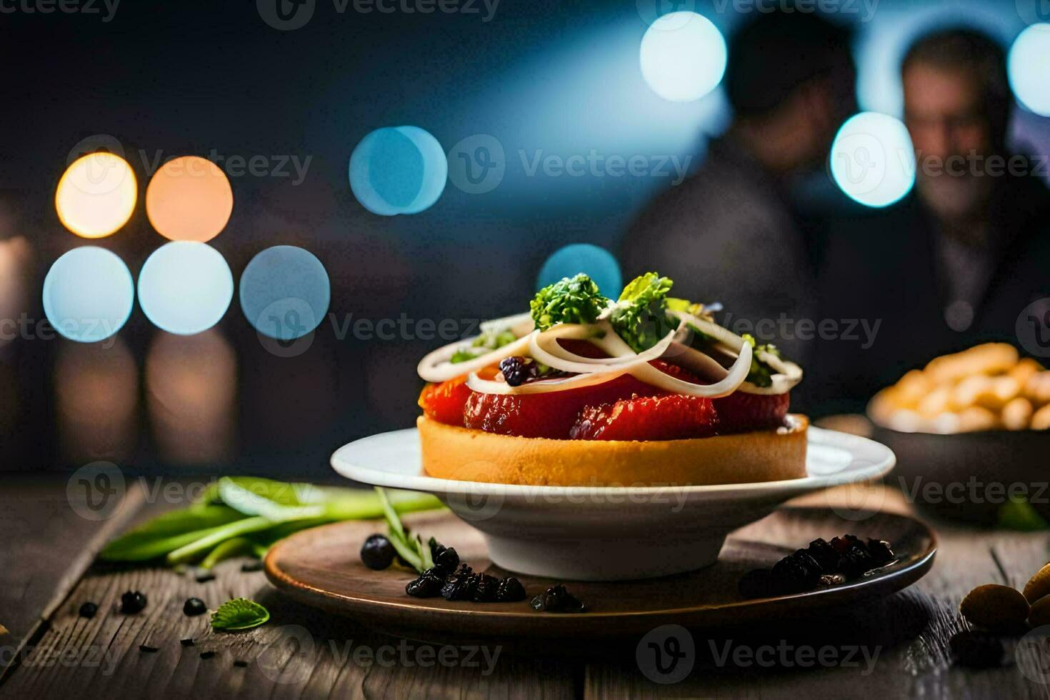 a plate of food with vegetables and a man in the background. AI-Generated photo