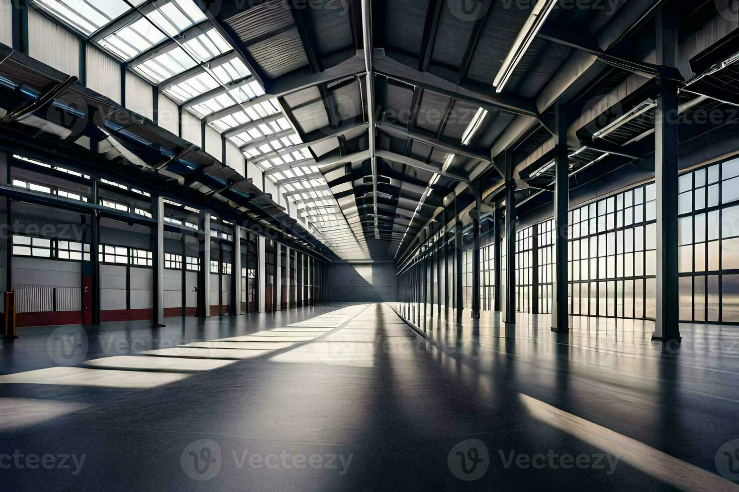 an empty warehouse with large windows and a sun shining through. AI-Generated photo