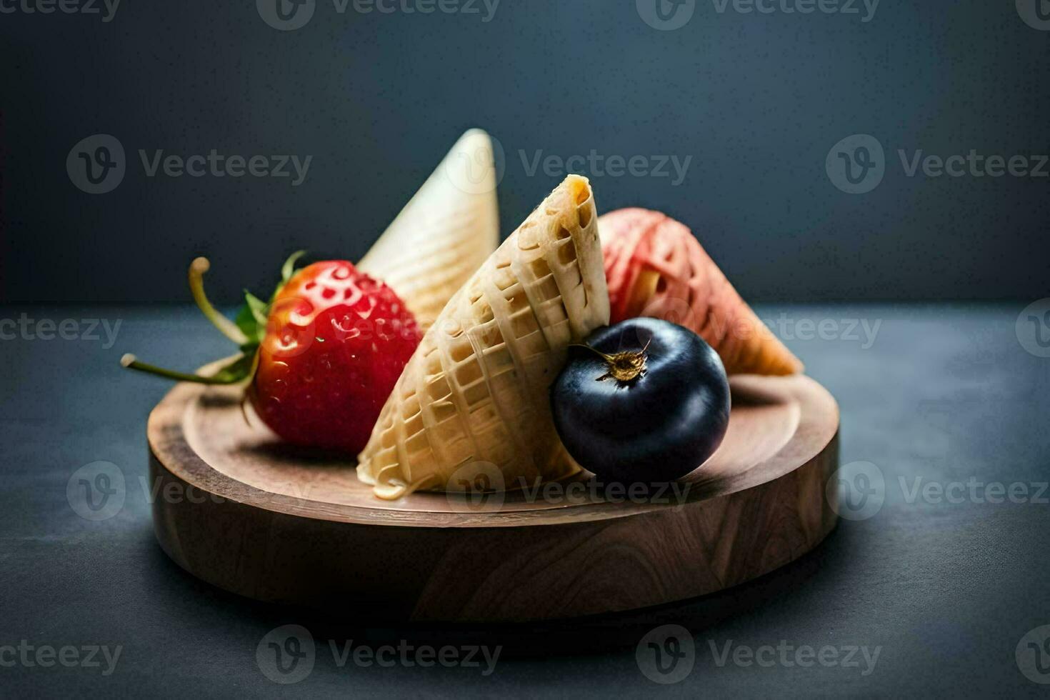 ice cream cones with berries on a wooden plate. AI-Generated photo