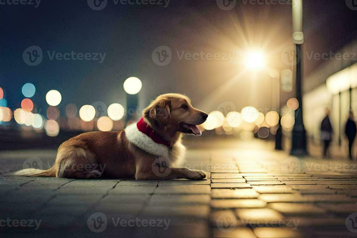 a dog wearing a red collar sitting on the sidewalk. AI-Generated photo