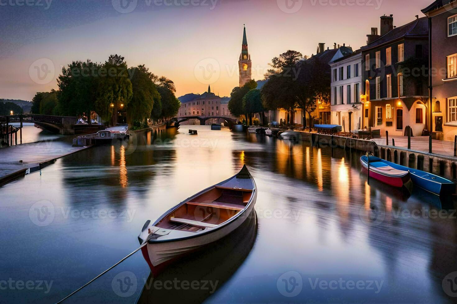 boats on the water in a city at sunset. AI-Generated photo