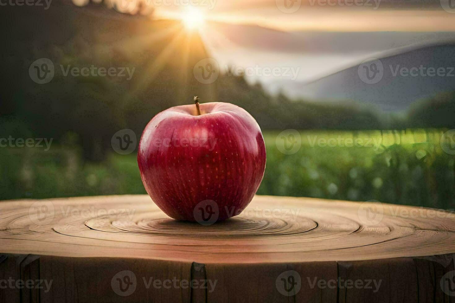 an apple sits on top of a stump in front of a sunset. AI-Generated photo