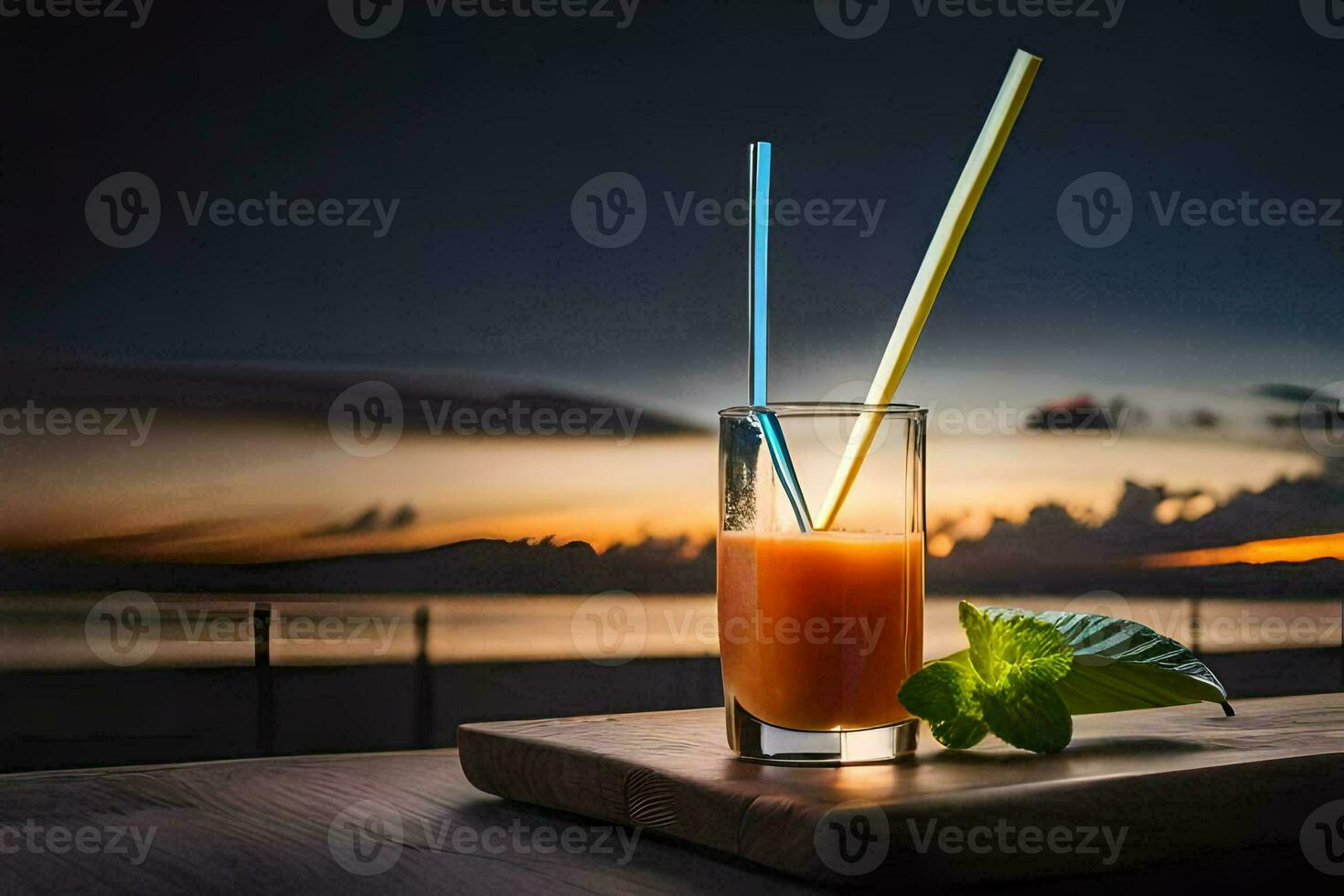 a glass of juice with two straws on a table. AI-Generated photo