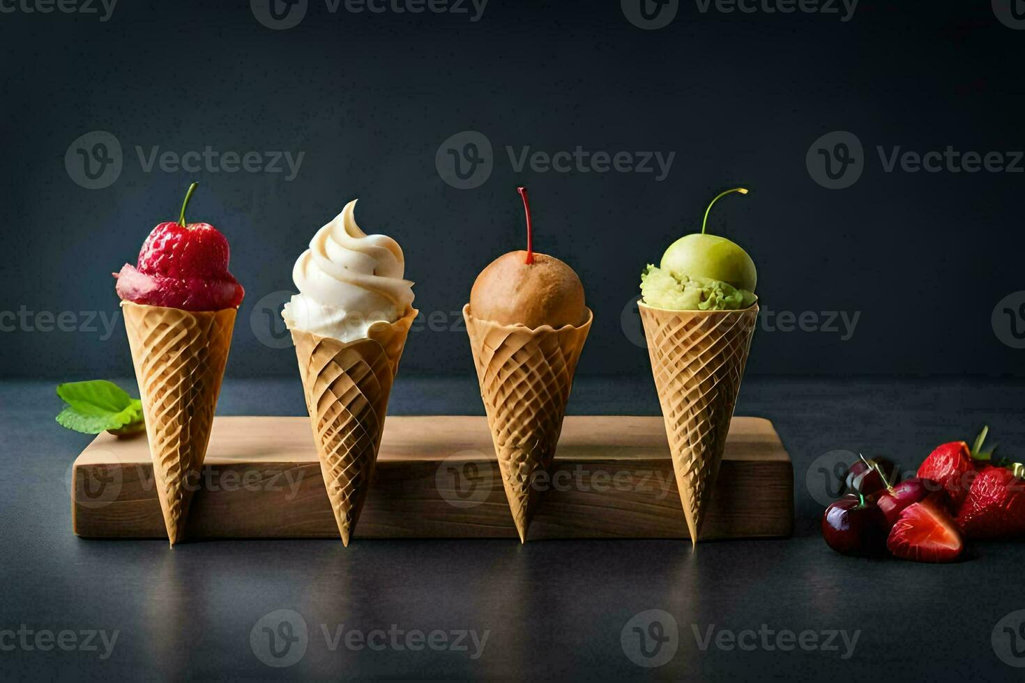 four ice cream cones with different flavors on a wooden stand. AI-Generated photo