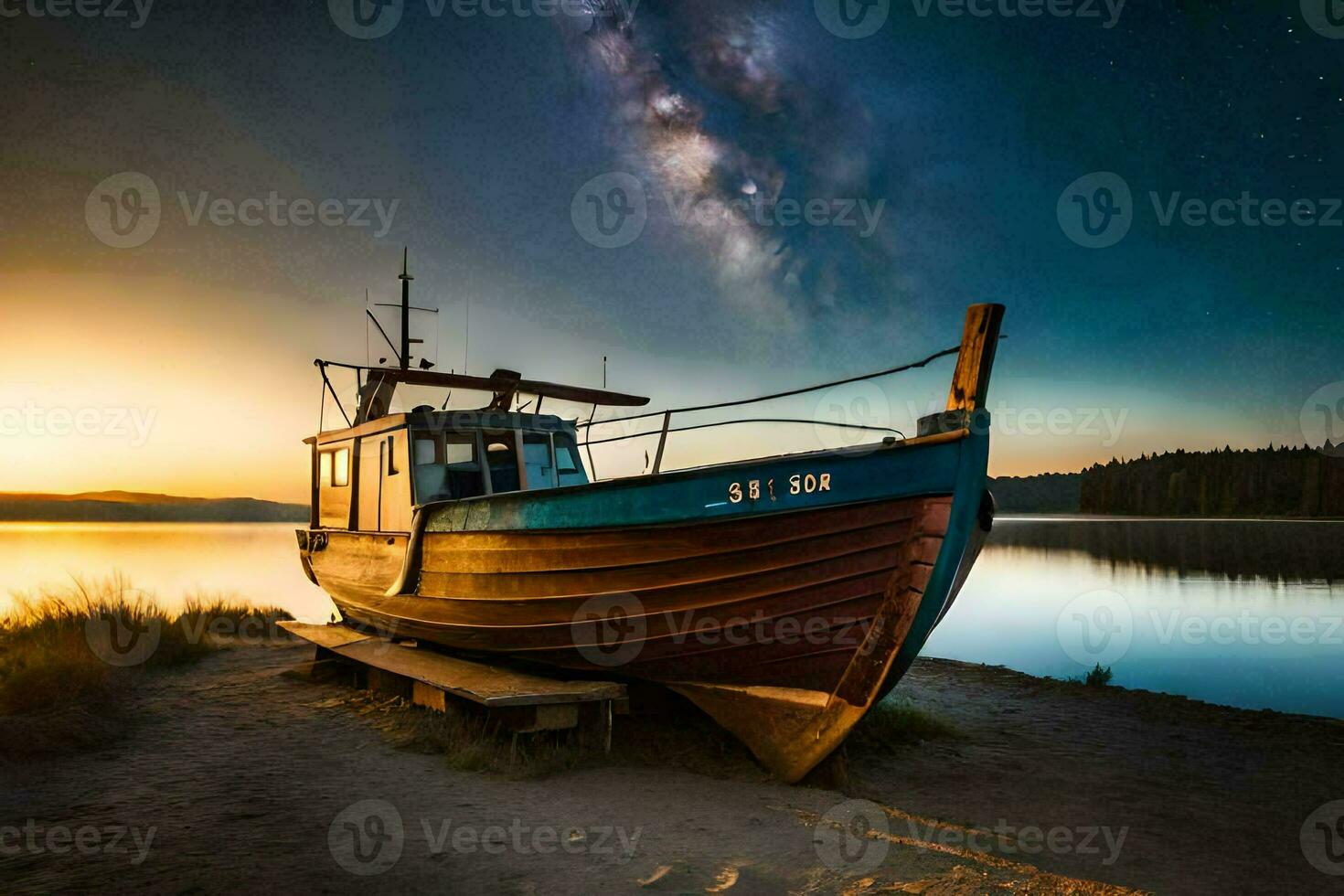 a boat sits on the shore at sunset. AI-Generated photo