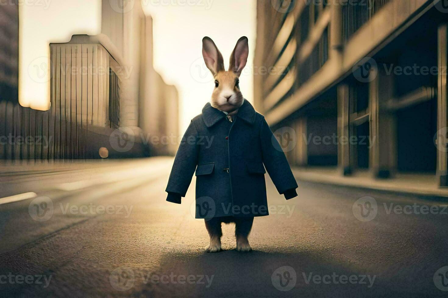 a rabbit wearing a coat and tie standing in the middle of a city street. AI-Generated photo