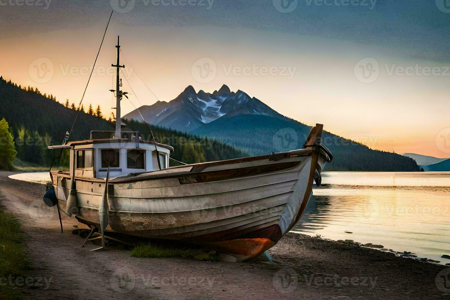 a boat sits on the shore of a lake at sunset. AI-Generated photo