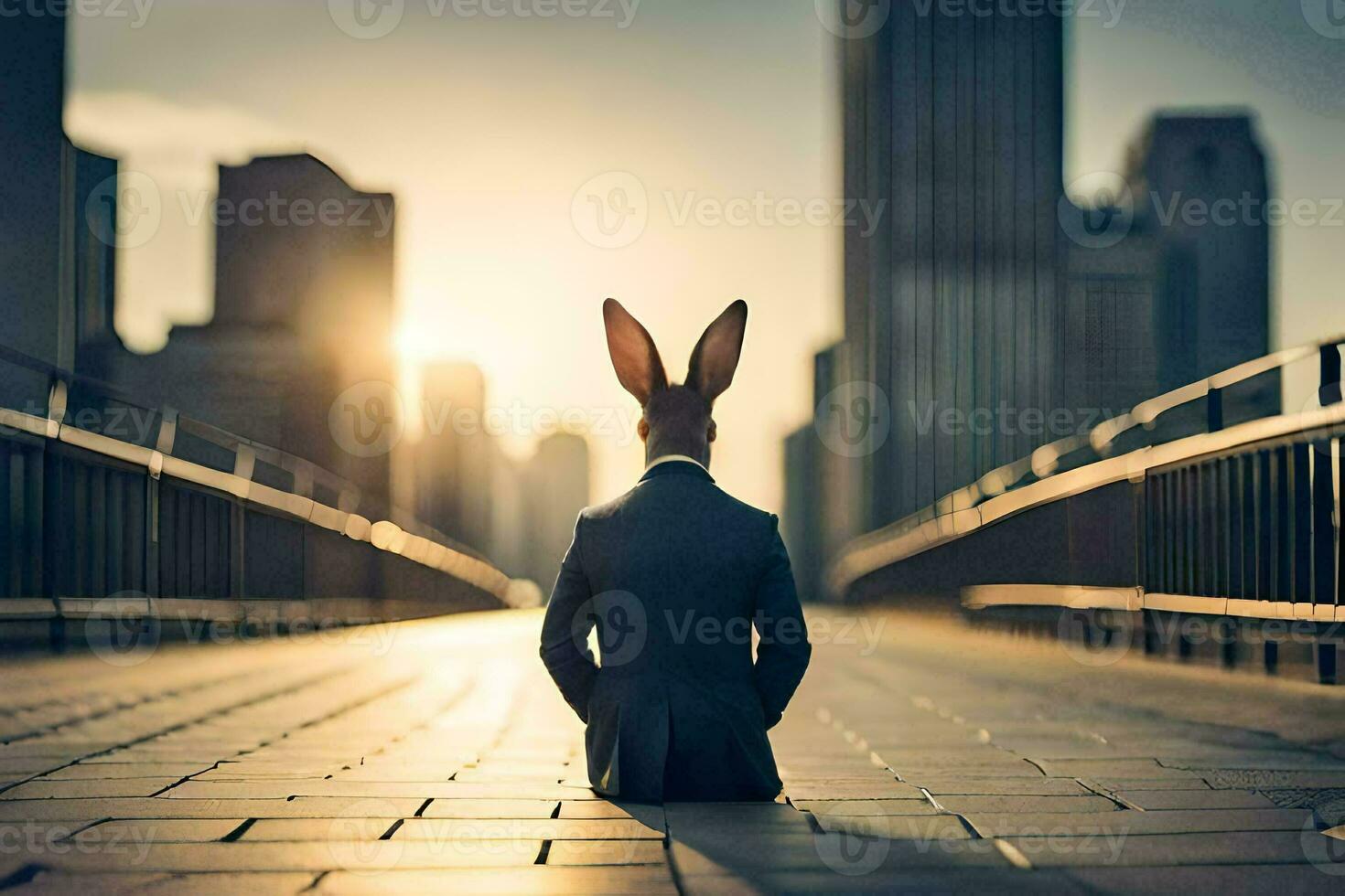 a rabbit in a suit sitting on a bridge. AI-Generated photo