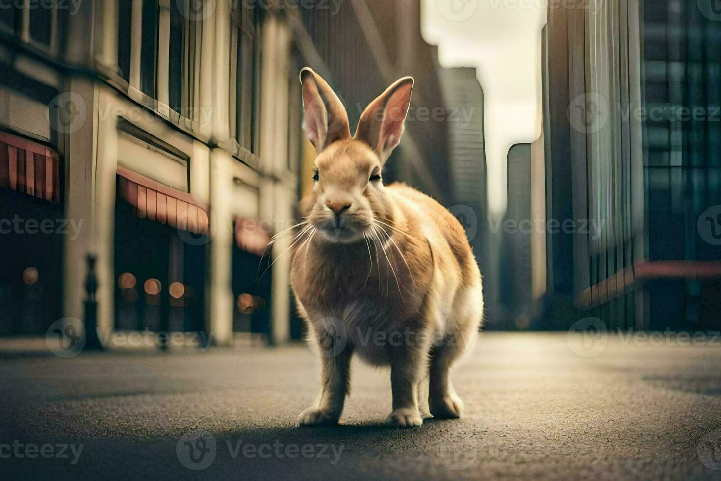 a rabbit is standing in the middle of a city street. AI-Generated photo