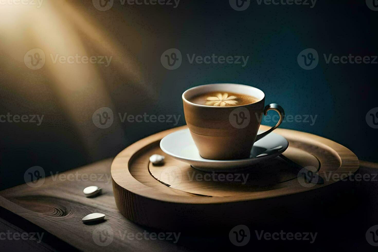 un taza de café en un de madera mesa. generado por ai foto