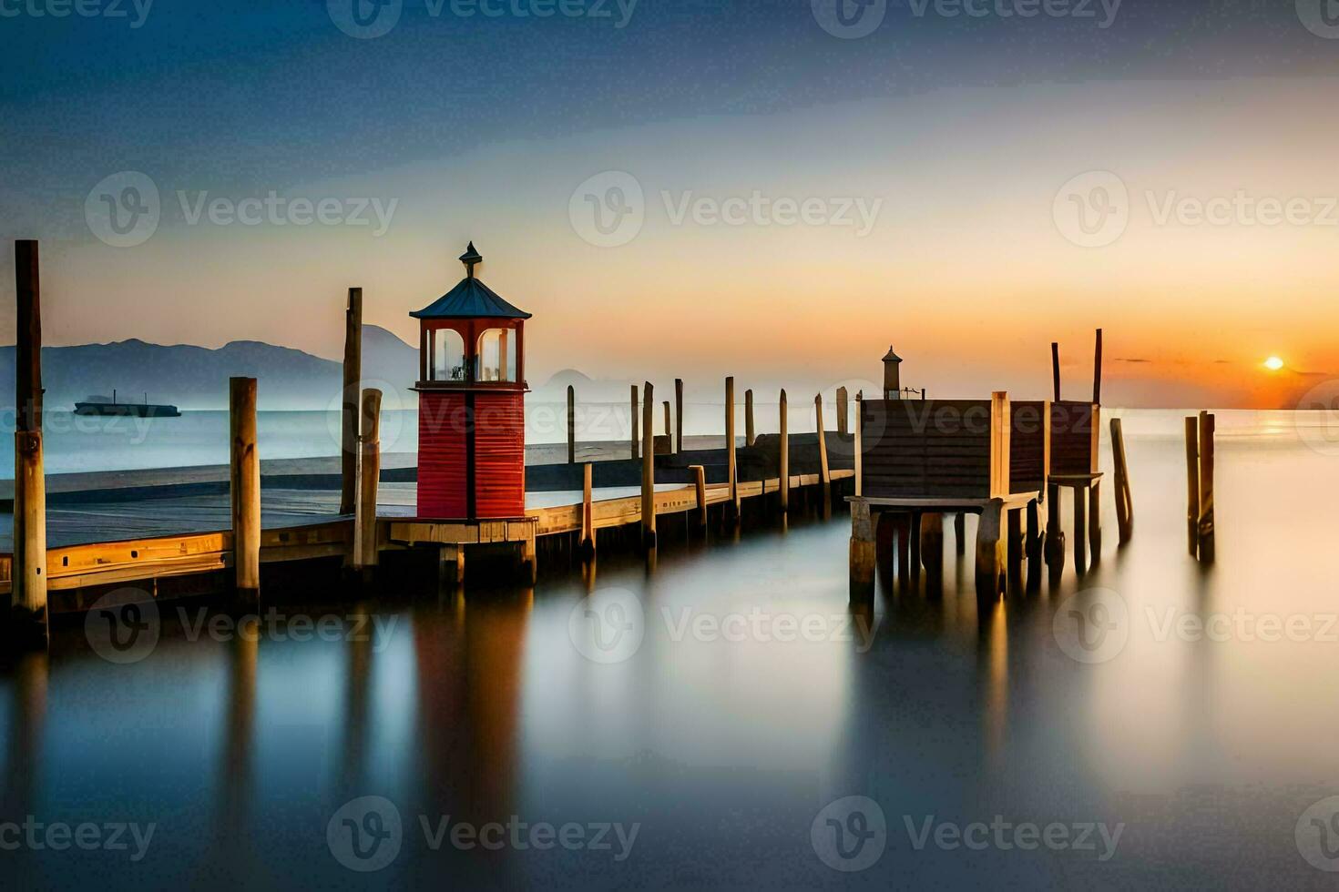 a red light house on a pier at sunset. AI-Generated photo