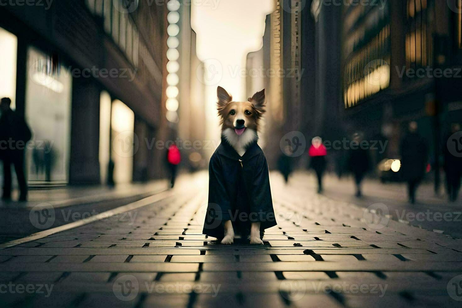 a dog wearing a coat standing on a street. AI-Generated photo