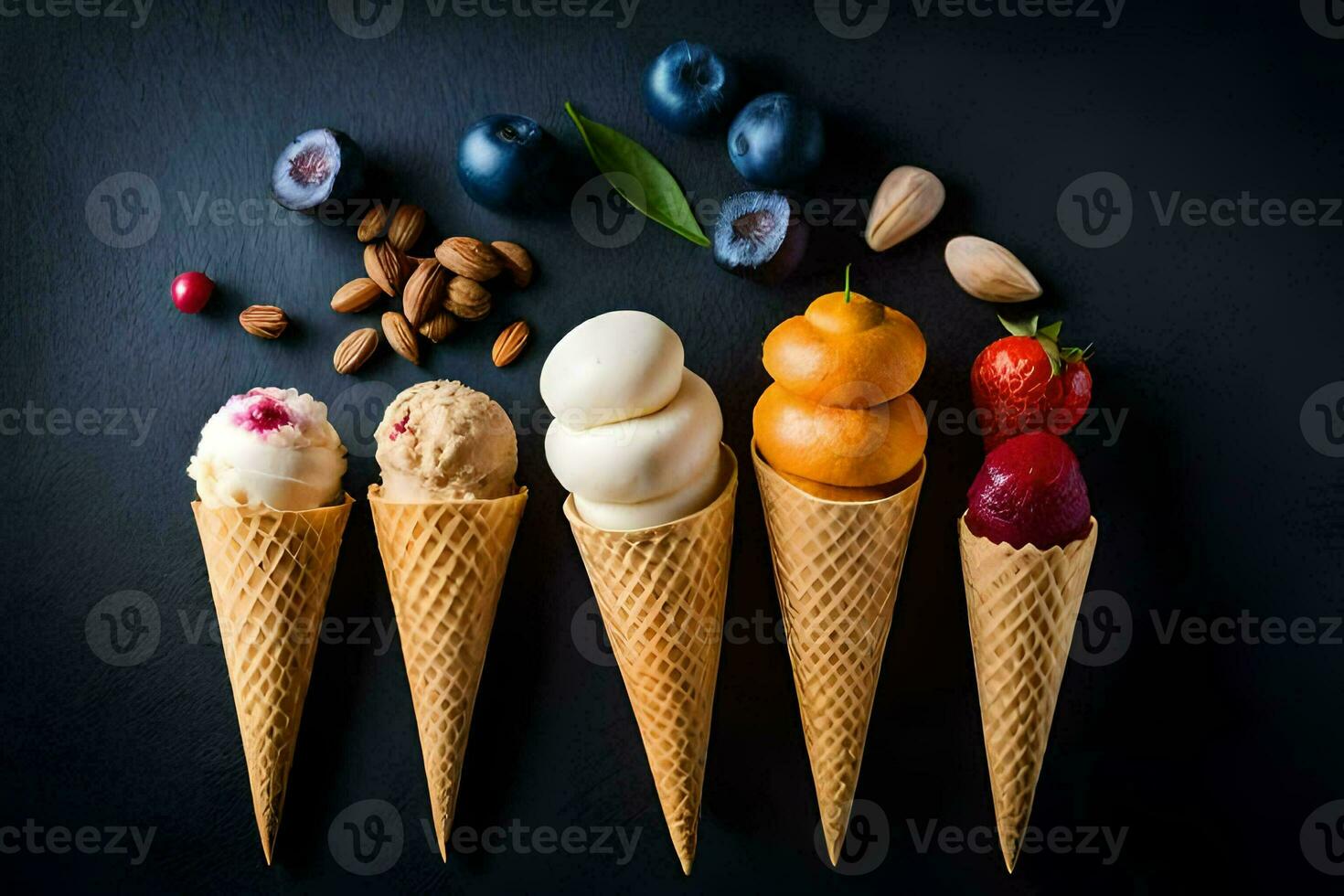 five ice cream cones with different flavors on a black background. AI-Generated photo