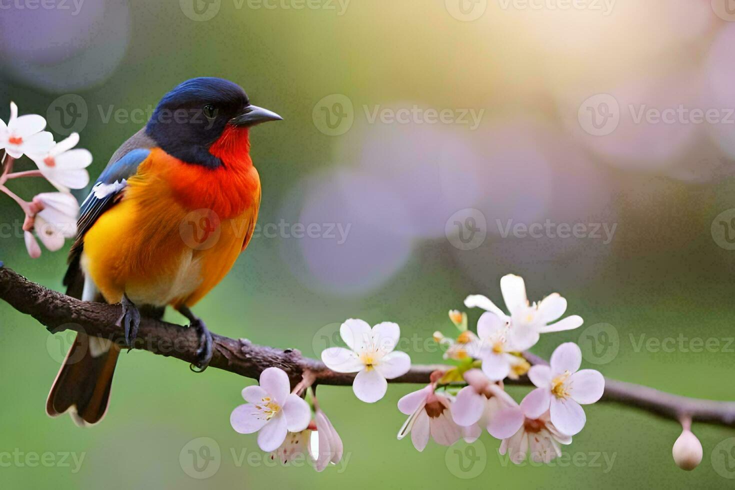 a colorful bird sits on a branch with flowers. AI-Generated photo