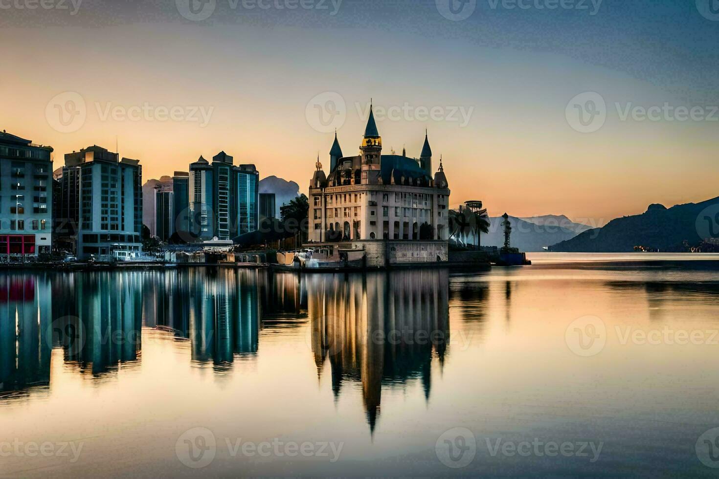 a castle sits on the water in front of buildings. AI-Generated photo