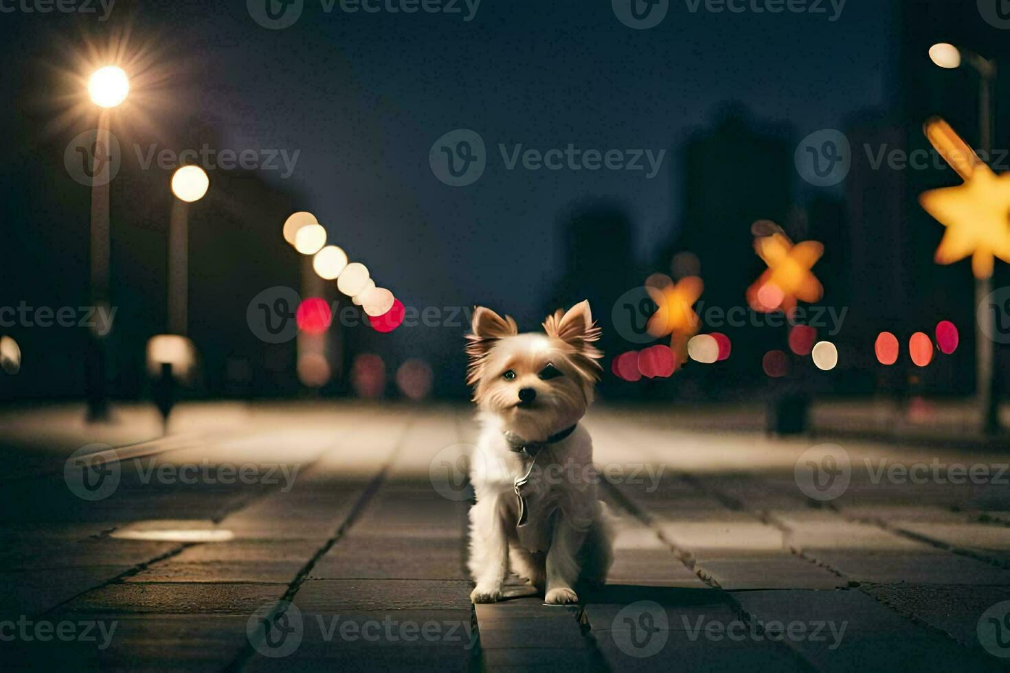 a small dog sitting on the street at night. AI-Generated photo