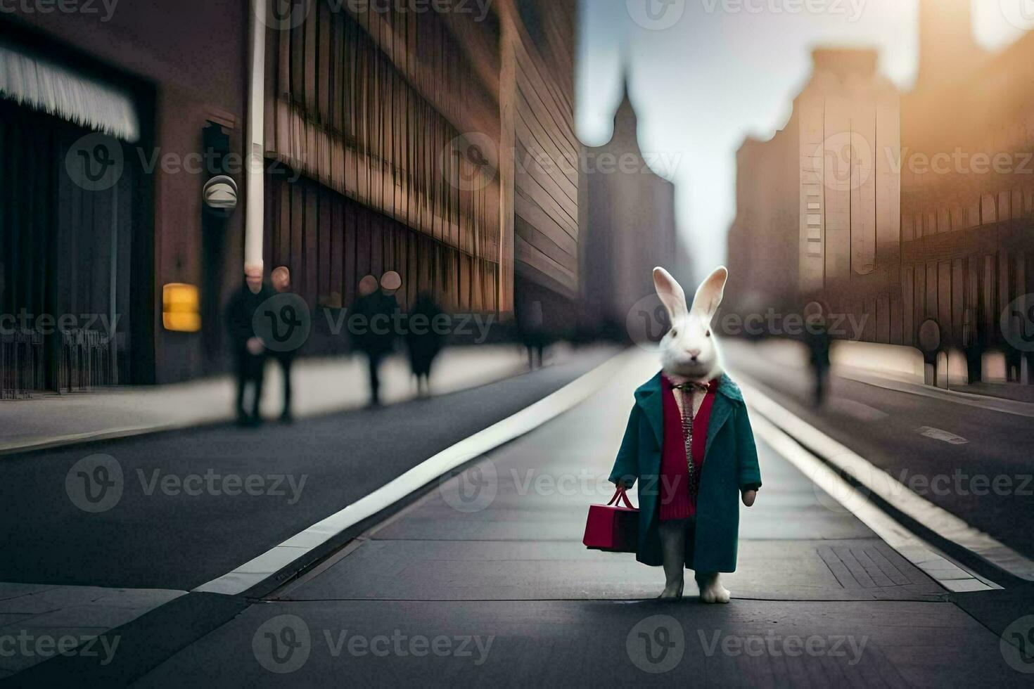 a rabbit in a coat and red bag standing on the street. AI-Generated photo