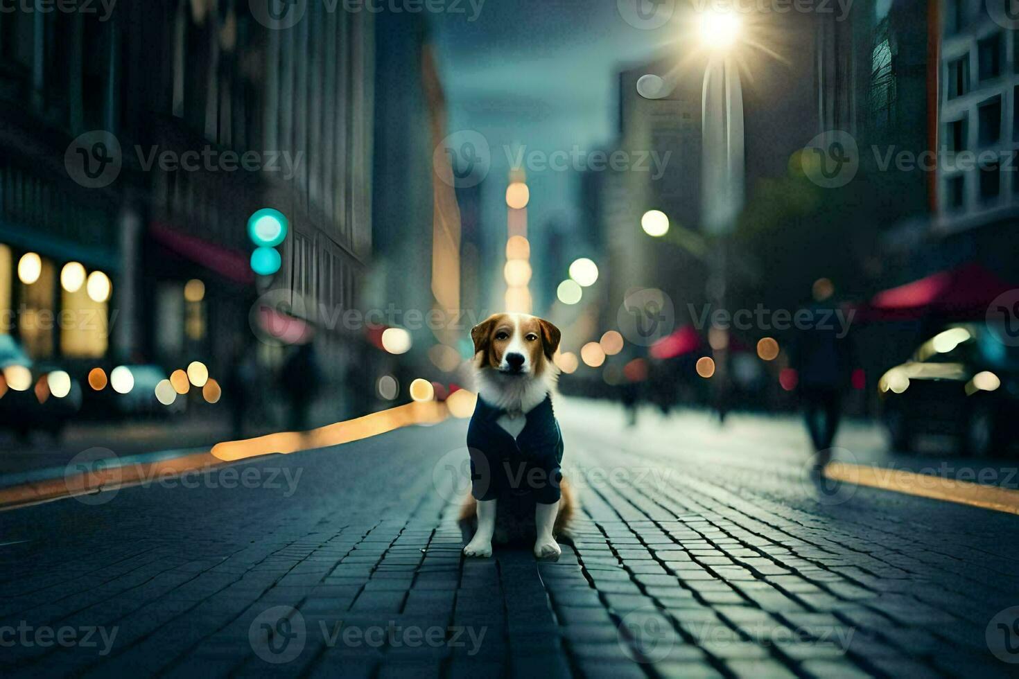a dog in a suit standing on a city street. AI-Generated photo