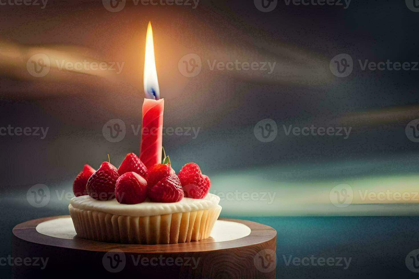 a cupcake with a single candle on top. AI-Generated photo