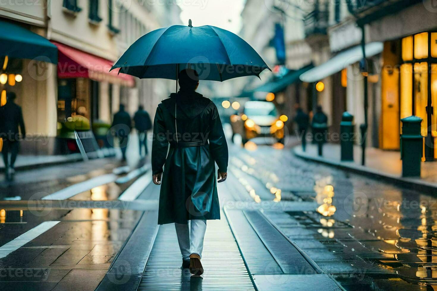 un persona caminando abajo un calle con un sombrilla. generado por ai foto